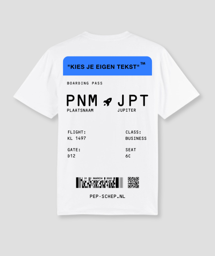 Camiseta «Boarding Pass» blanca con azul - Comprar outfits para festivales - Comprar camisetas para festivales - Ropa resistente para festivales - La mejor camiseta para festivales.png