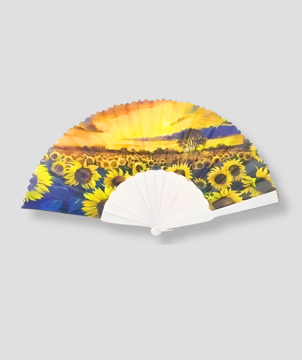 abanico de mano con motivos de girasoles