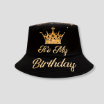 Zwarte bucket hat met gouden kroon verjaardagsprint