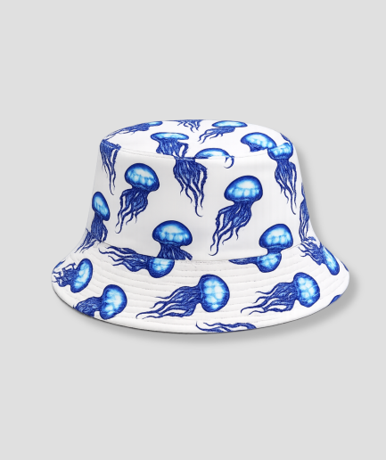 Blauw-witte bucket hat met kwallenprint