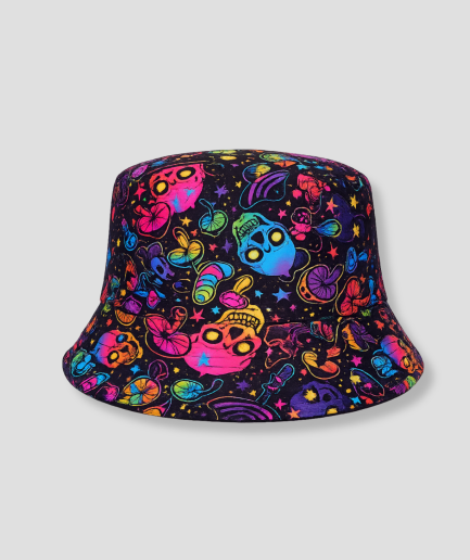 Zwarte bucket hat met psychedelische monsterprint