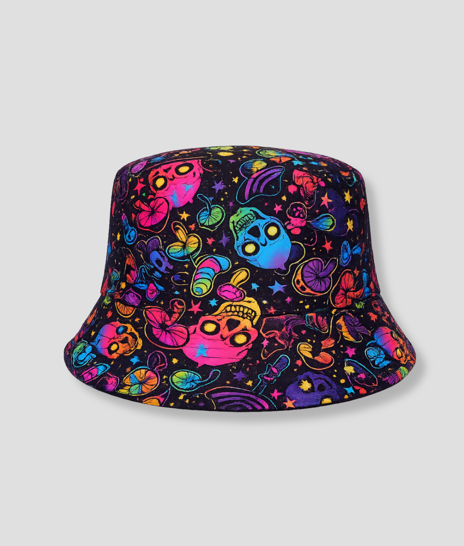 Zwarte bucket hat met psychedelische monsterprint