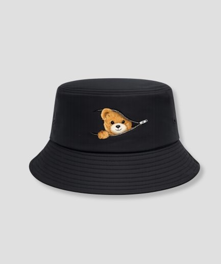 Zwarte bucket hat met teddybeer print