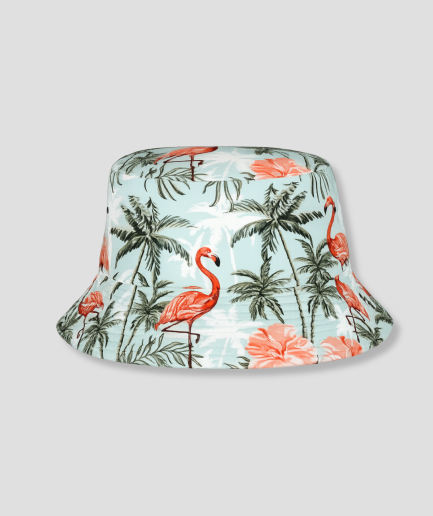Mintkleurige bucket hat met tropische flamingoprint