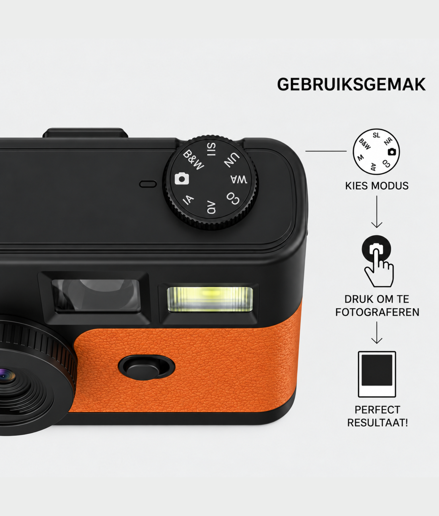 Oranje FestiSnap retro camera met draaiknop voor de filters