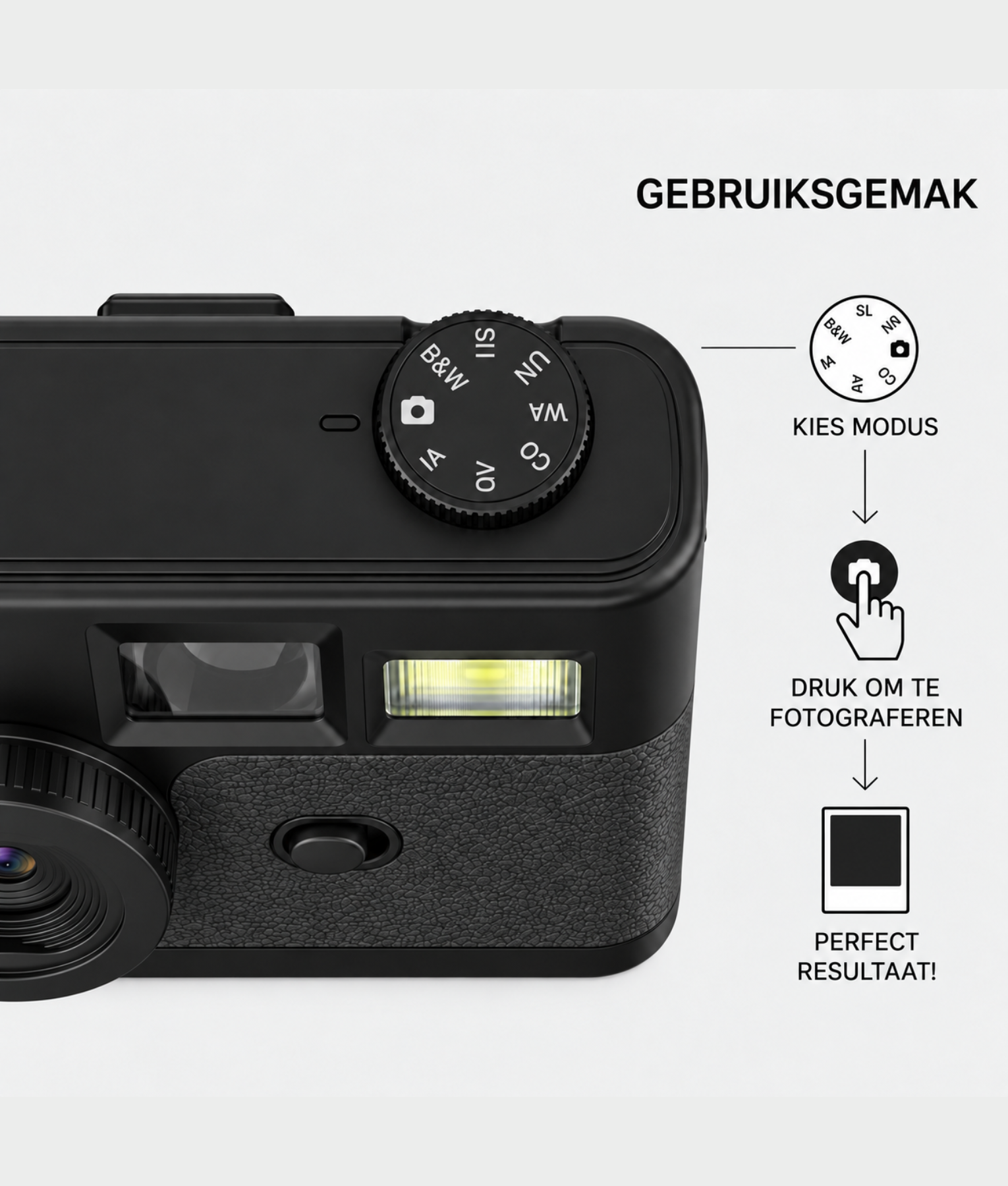 Zwarte FestiSnap retro camera met draaiknop voor de filters