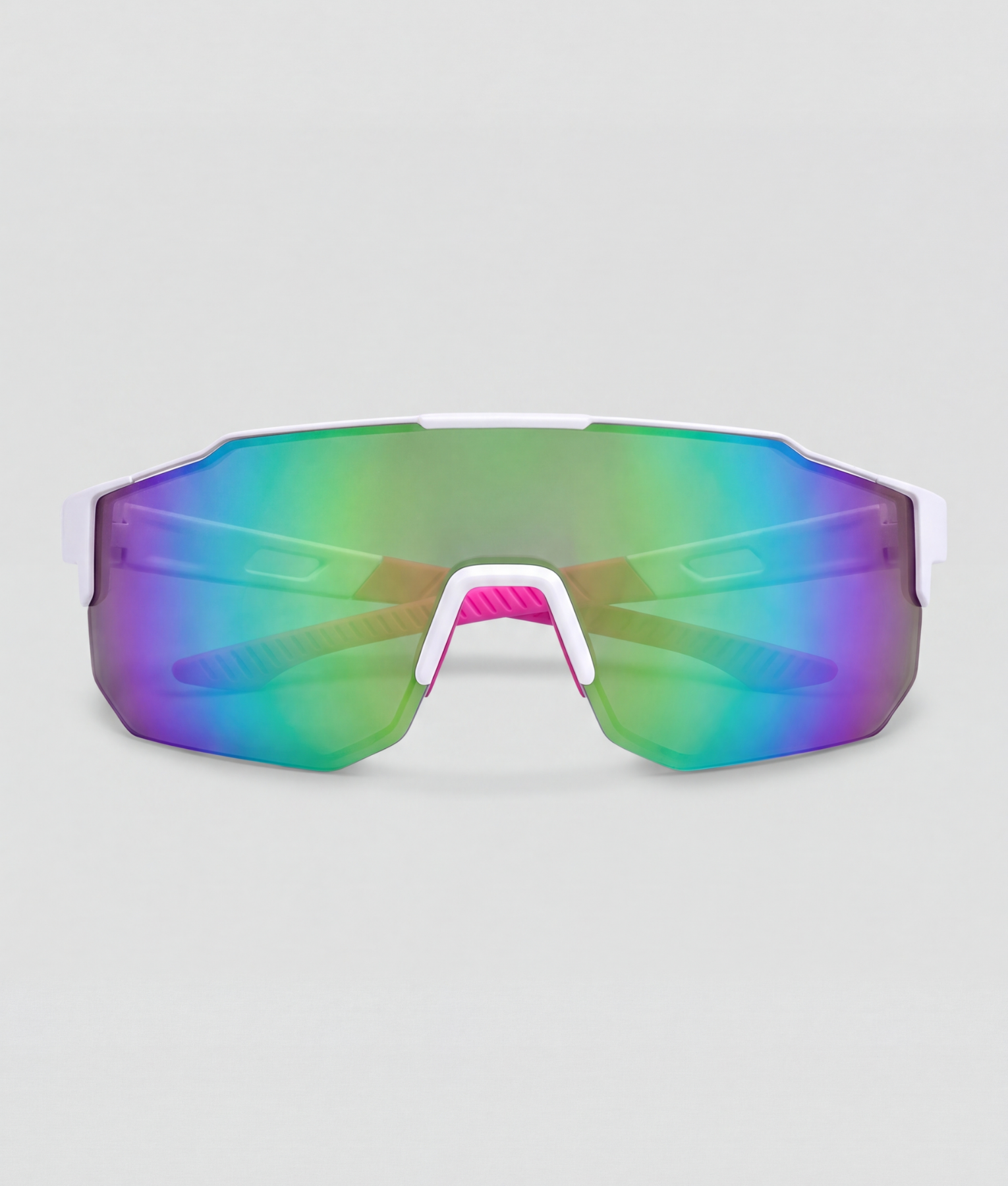 Pixeler, bril met roze en wit montuur en blauw en groen en paars glazen