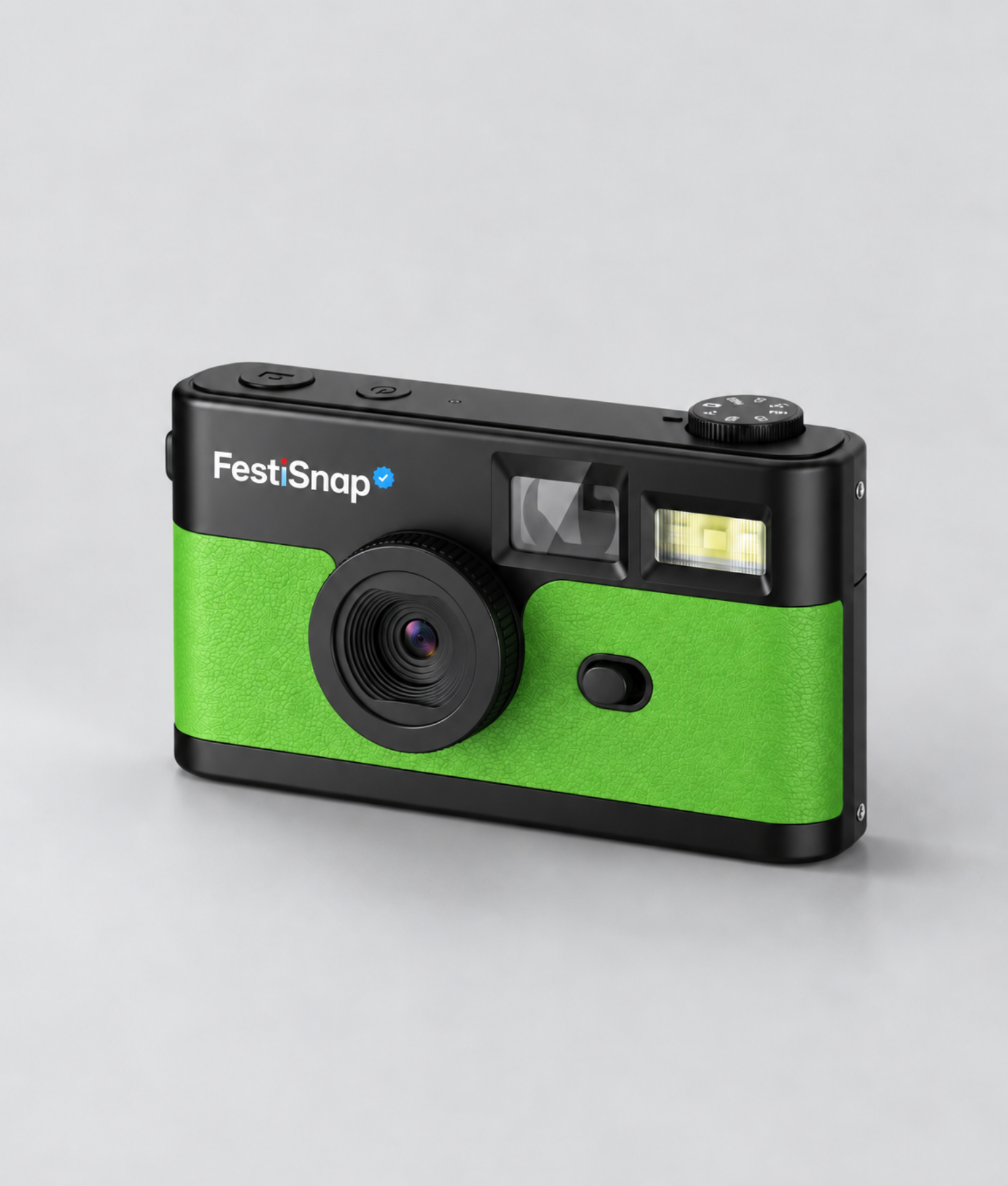 Groene FestiSnap retro camera schuin van voren
