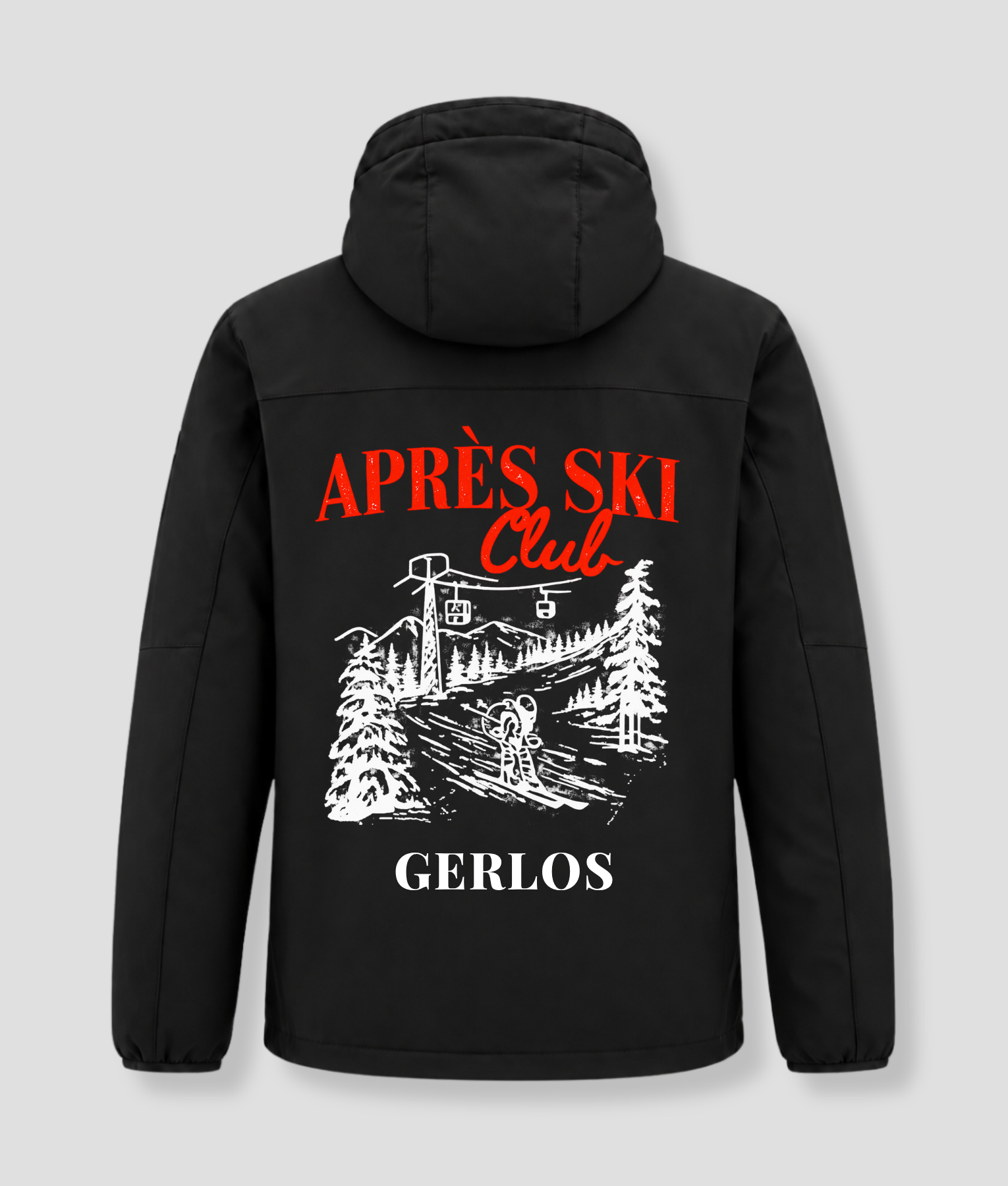 Abrigo de invierno «Après Ski Club» negro, con el estampado y el nombre «Gerlos» en la espalda