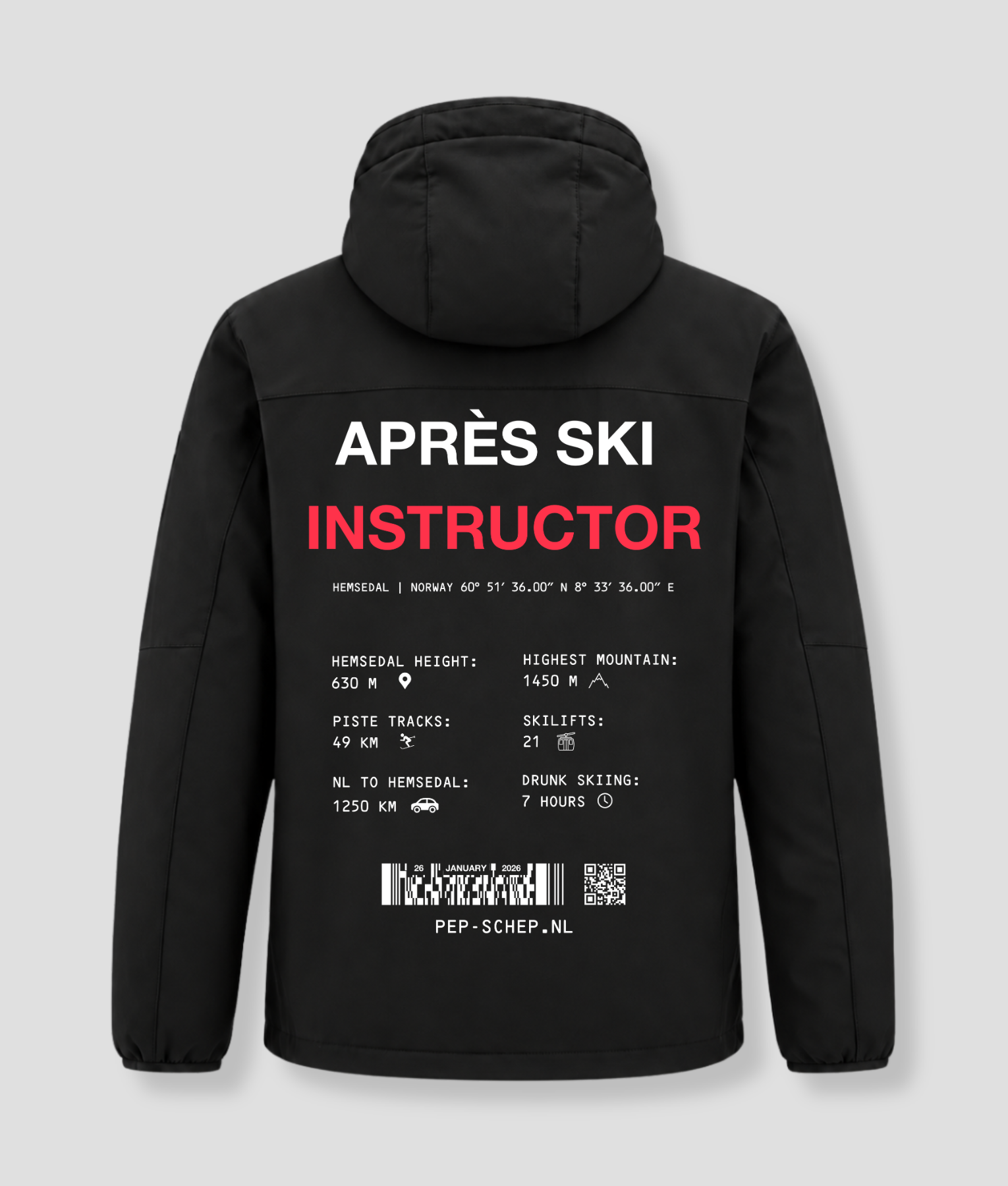 Chaqueta de invierno «Après Ski Instructor» negra, con los datos de Hemsedal (Noruega) en la parte trasera