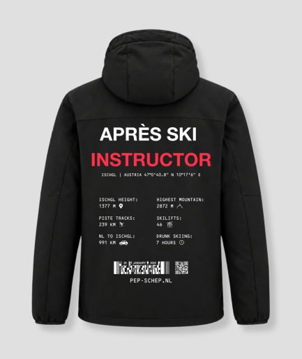 Chaqueta de invierno «Après Ski Instructor» negra, con los datos de Ischgl (Austria) en la espalda